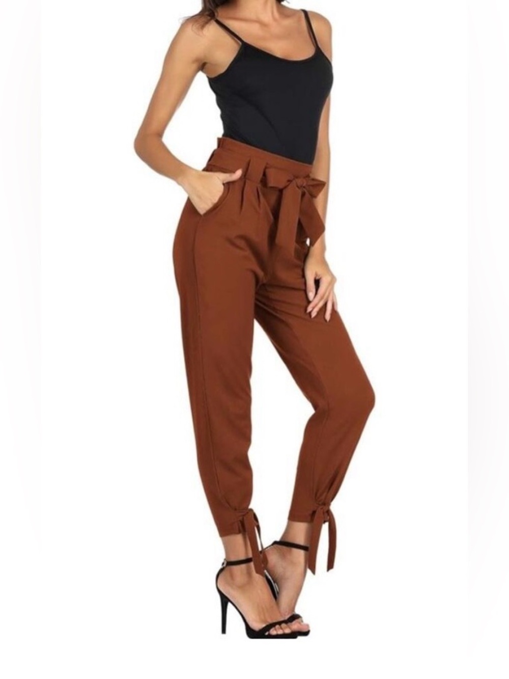 🆕High-Waist Tie-Waist Ankle-Tie Pants - Brown